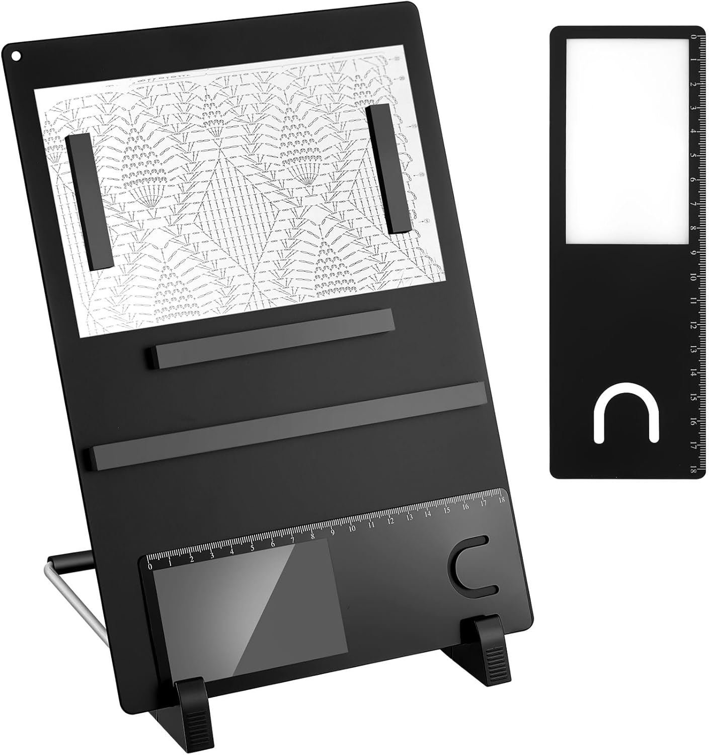 Flutesan 8 Pcs Cross Stitch Accessories and Tools 11.5 x 4.7 Inch Metal Magnet Board Chart Knitting Pattern Holder 2 Bookmark Magnifier with Ruler 1 Bracket 4 Magnet Strips for Crafts Work (Black)