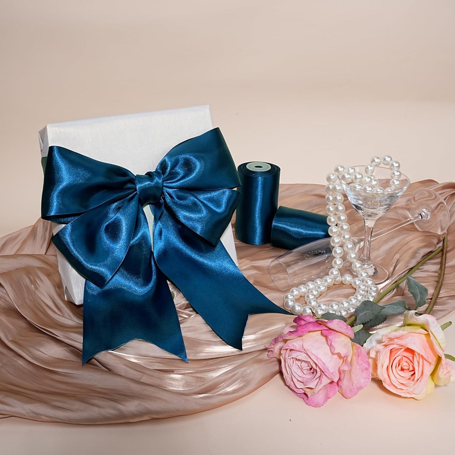 LaRibbons Navy Satin Ribbon 3 Inch 10 Yards Double Faced Luxury Navy Silk Ribbon for Gift Wrapping Flower Bouquets Bow Christmas Wedding Party Decoration