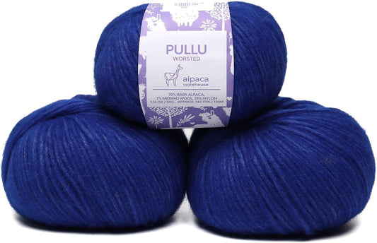 Pullu - Baby Alpaca Merino Wool Yarn Set of 3 Skeins (150 Grams) Worsted Weight - Sourced Directly from Peru - Heavenly Soft and Perfect for Knitting and Crocheting (Blue Indigo)