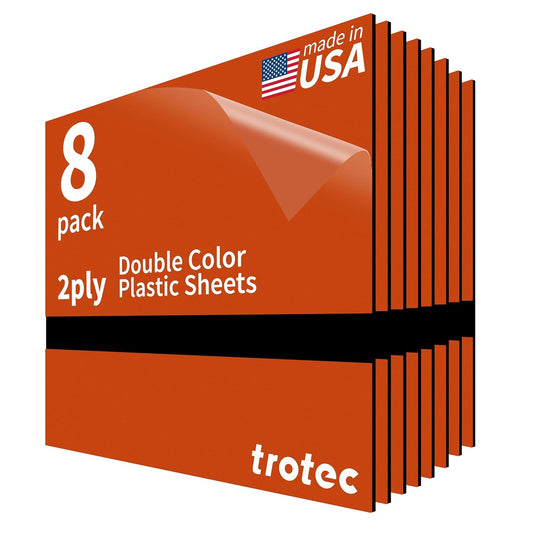 Trotec TroLase | 12"x12"x1/16", 8 Pcs | Orange/Black | 2 Ply | Modified Acrylic | Laser Engraving Double Color Plastic Sheet | Engraving Blanks for Laser, Saw, Guillotine | Made in USA
