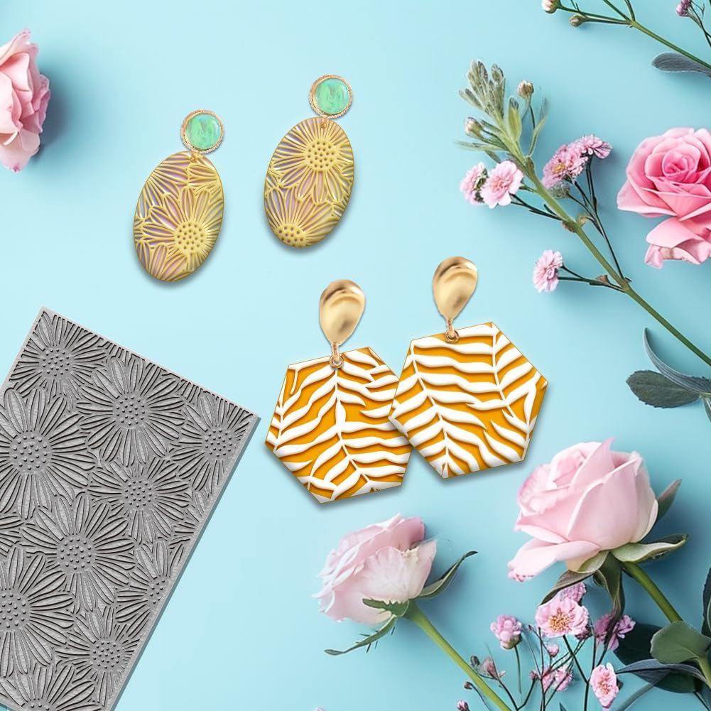 4PCS Polymer Clay Flowers Leaves Texture Sheets Set for Using with Clay Cutters, Boho Clay Texture Mats, Jewelry Making DIY Craft Tools