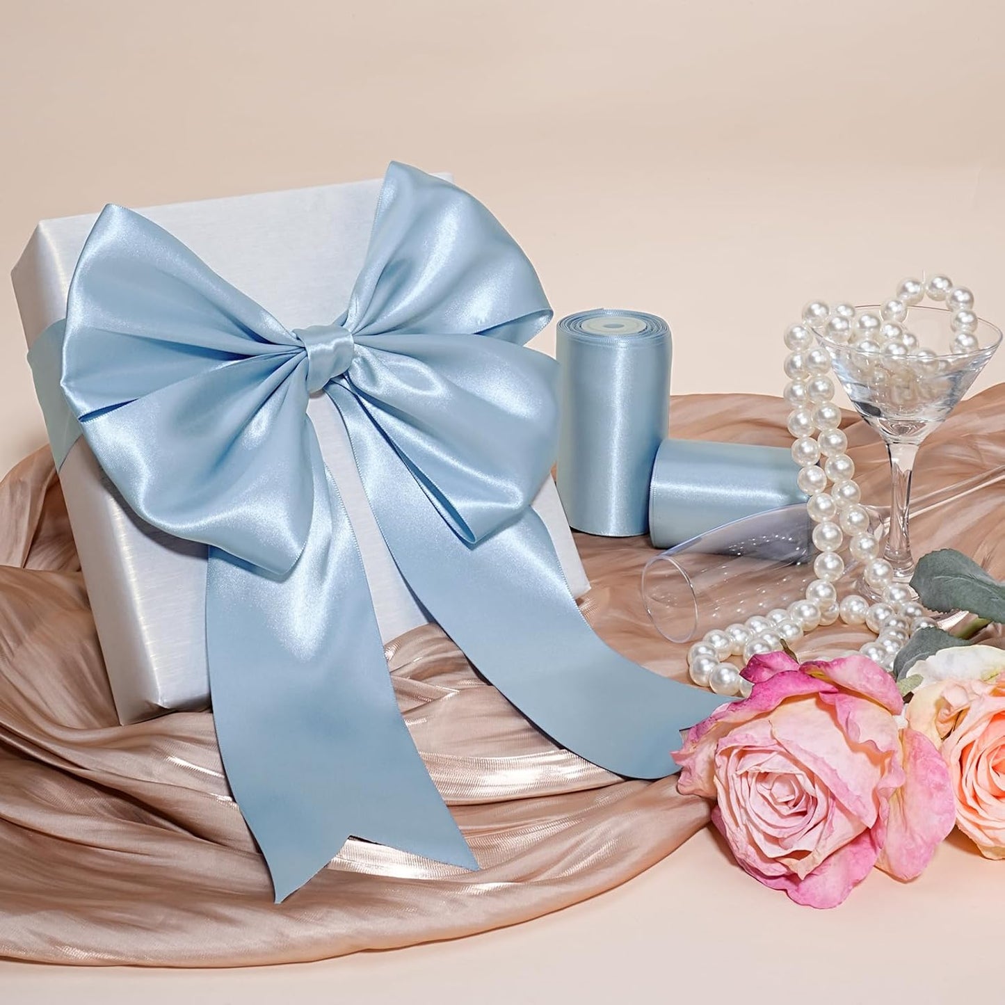 LaRibbons Light Blue Satin Ribbon 3 Inch 10 Yards Double Faced Luxury Baby Blue Silk Ribbon for Gift Wrapping Flower Bouquets Bow Christmas Wedding Party Decoration