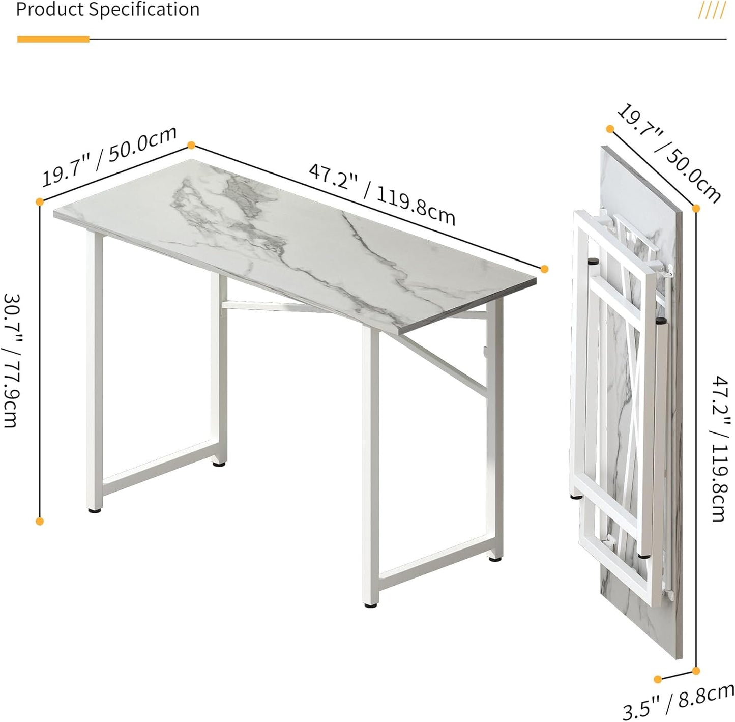 47 inch Folding Desk No Assembly Required, Writing Gaming Computer Camping Table, Home Office Desk, White Marble