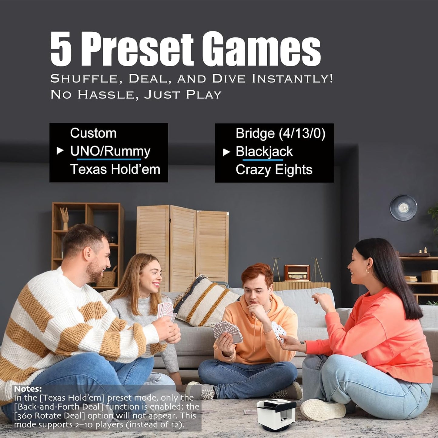 2025 New Smart 2-in-1 Automatic Card Shuffler and Dealer,Programmable Card Dealer,Card Shuffler 2 Deck,360° Rotation,Ultra Quiet,Rechargeable,Support 12 Players,with 4 Wireless Buttons (White&Black)