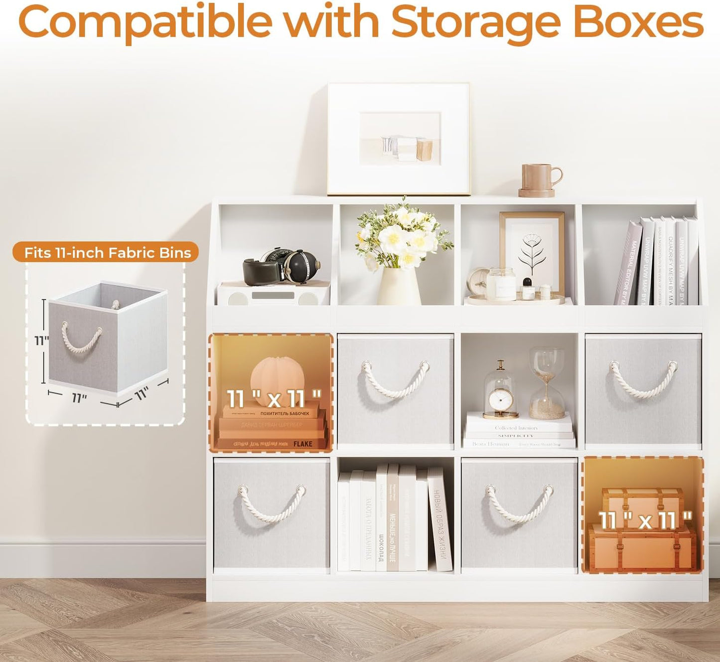 9-Cube Wooden Storage Bookcase - 11-Inch Open Shelf Cabinet, Simple Modern Bookshelf Organizer for Home Office, Living Room, White