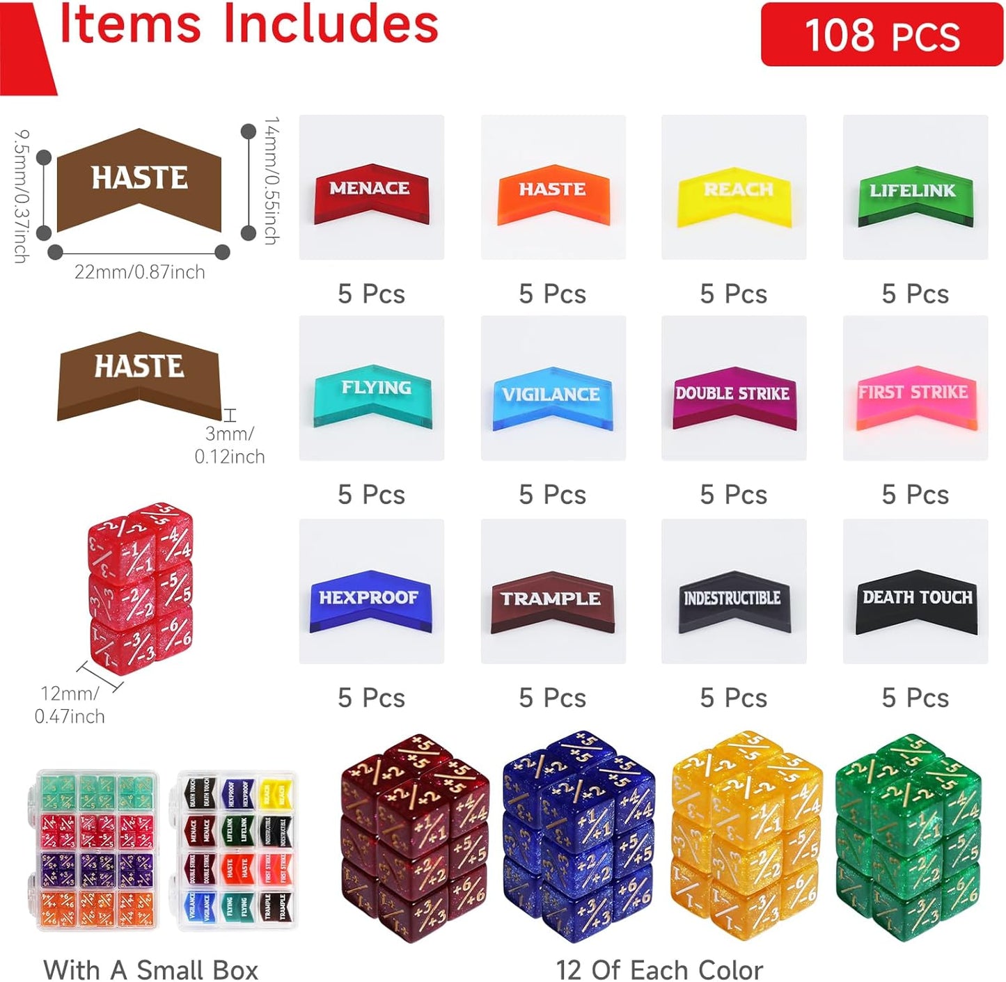 SIXPOINTS 108PCS 12mm MTG Counter Dice +1/+1 Tokens 6 Sided Dice & Keyword Counters Tokens Set for Magic The Gathering, MTG, TCG, Card Games Accessories