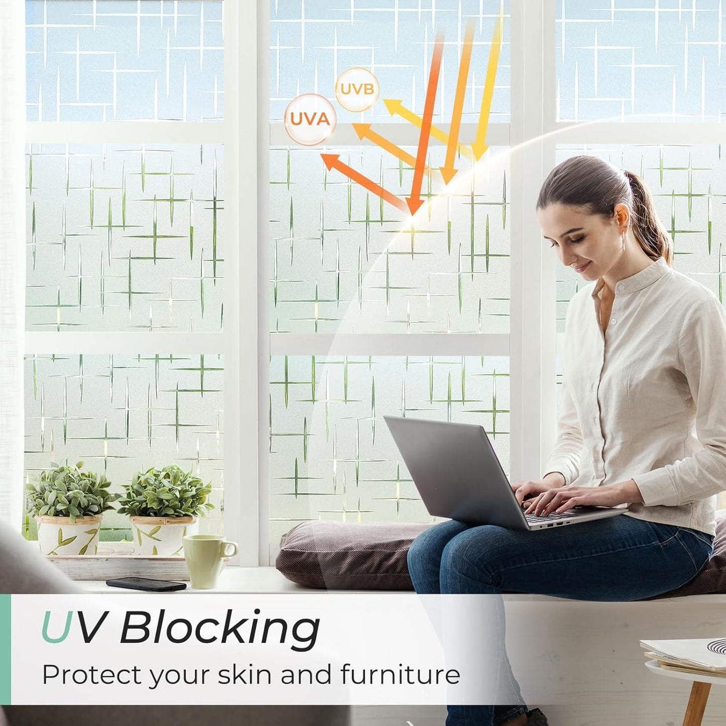 DOWELL Window Privacy Film Frosted Glass Window Film, Sun Blocking Non-Adhesive Glass Cling, Decorative Door Sticker, Self Static-Cling Tint Covering for Home Office, Cross Pattern 17.5" x 157.5"