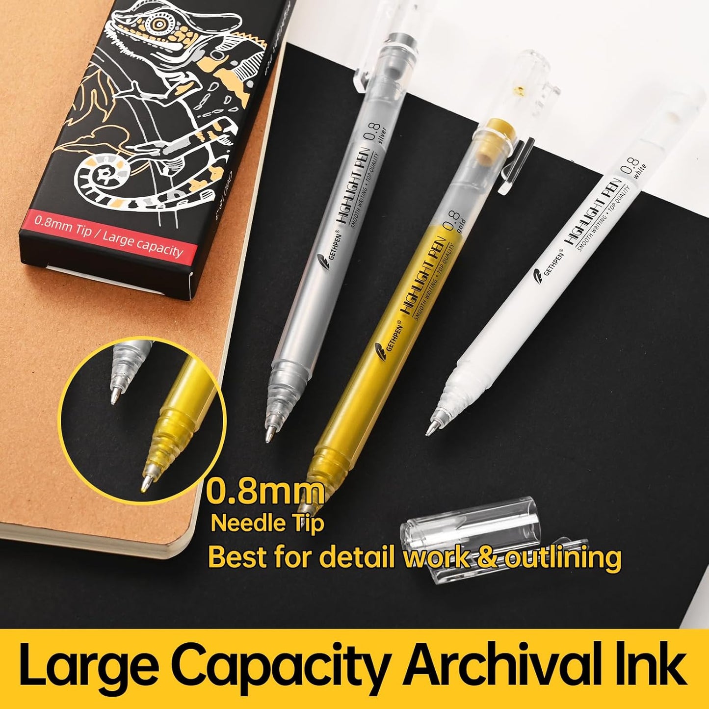 White Gel Pens, 0.8mm Fine Point Gel Ink Pen Set – 3 Pack Opaque Archival Ink for Black Paper Drawing, Sketching, Card Making & Bullet Journaling