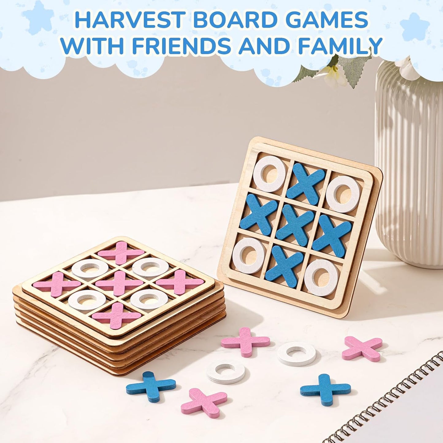 Libima 12 Pcs Wooden Tic Tac Toe Game Mini Family Board Games Classical Puzzle Chess Tabletop Teaches Strategy & Focus, Gifts for Halloween/Road Trip/Travel/Christmas Strategy Toys(Bright Color)