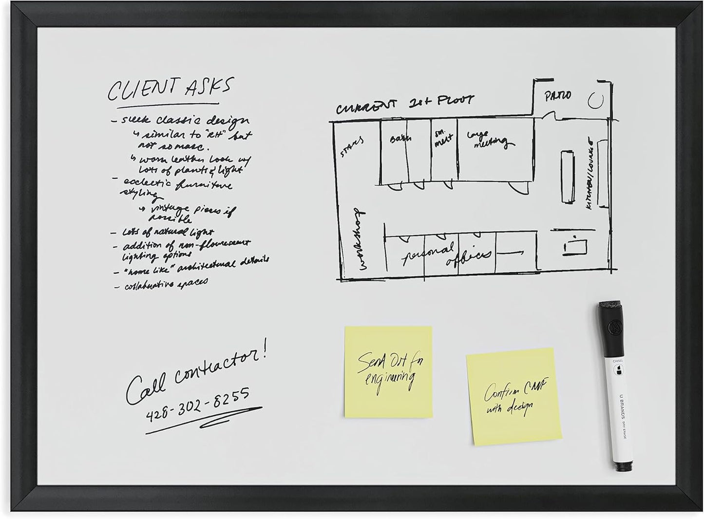 U Brands Magnetic Dry Erase Board White Board, 24" x 18" Inches, Black Wood Frame (307U00-01)