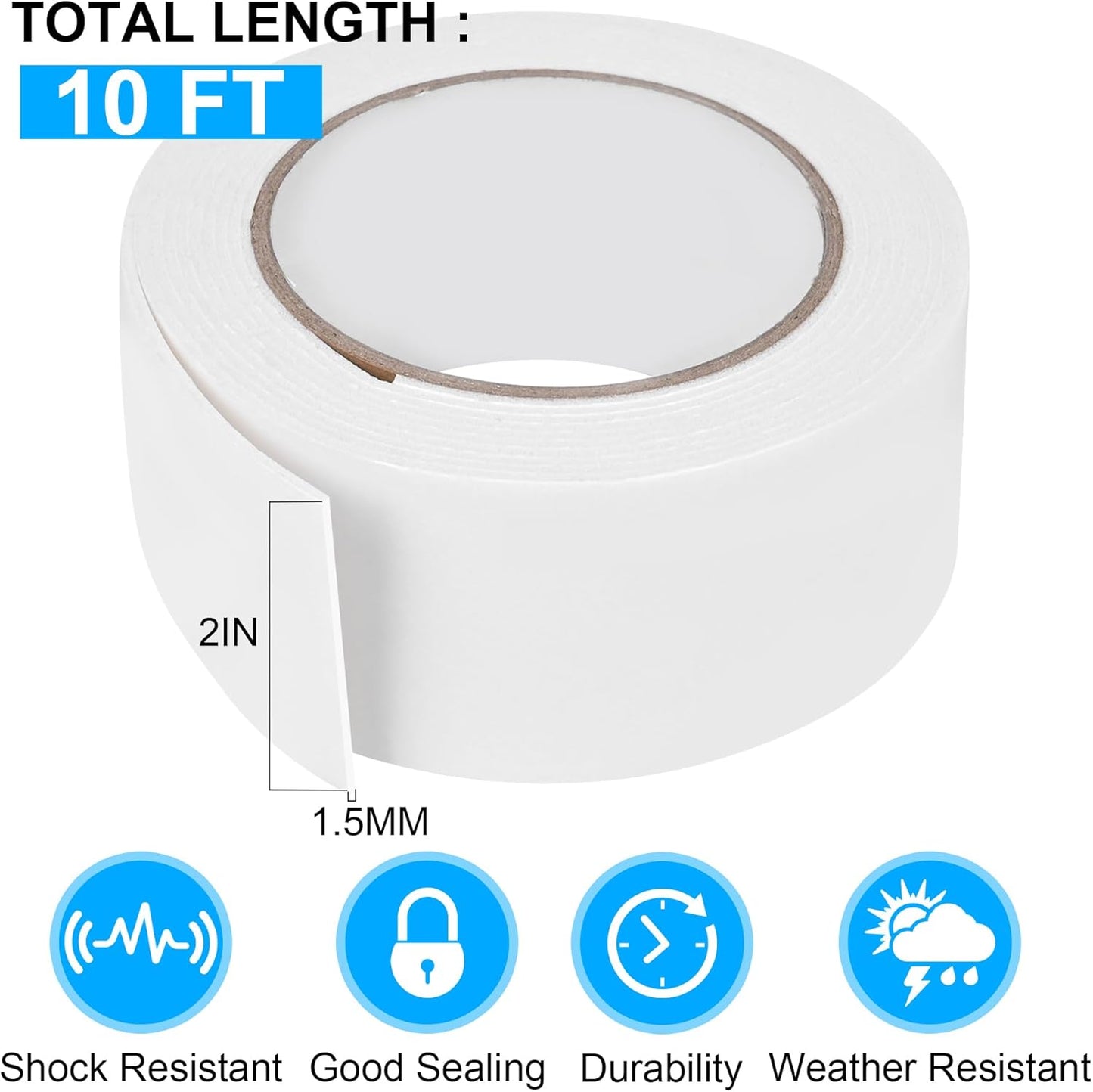 ToLanbbt Double Sided Foam Tape 2In x 10FT, Mounting Tape Heavy Duty, Strong Adhesive Weatherproof Seal Strips for DIY Craft Picture Poster, Car & Gap Filling Mountings, Home Office Decor (White)