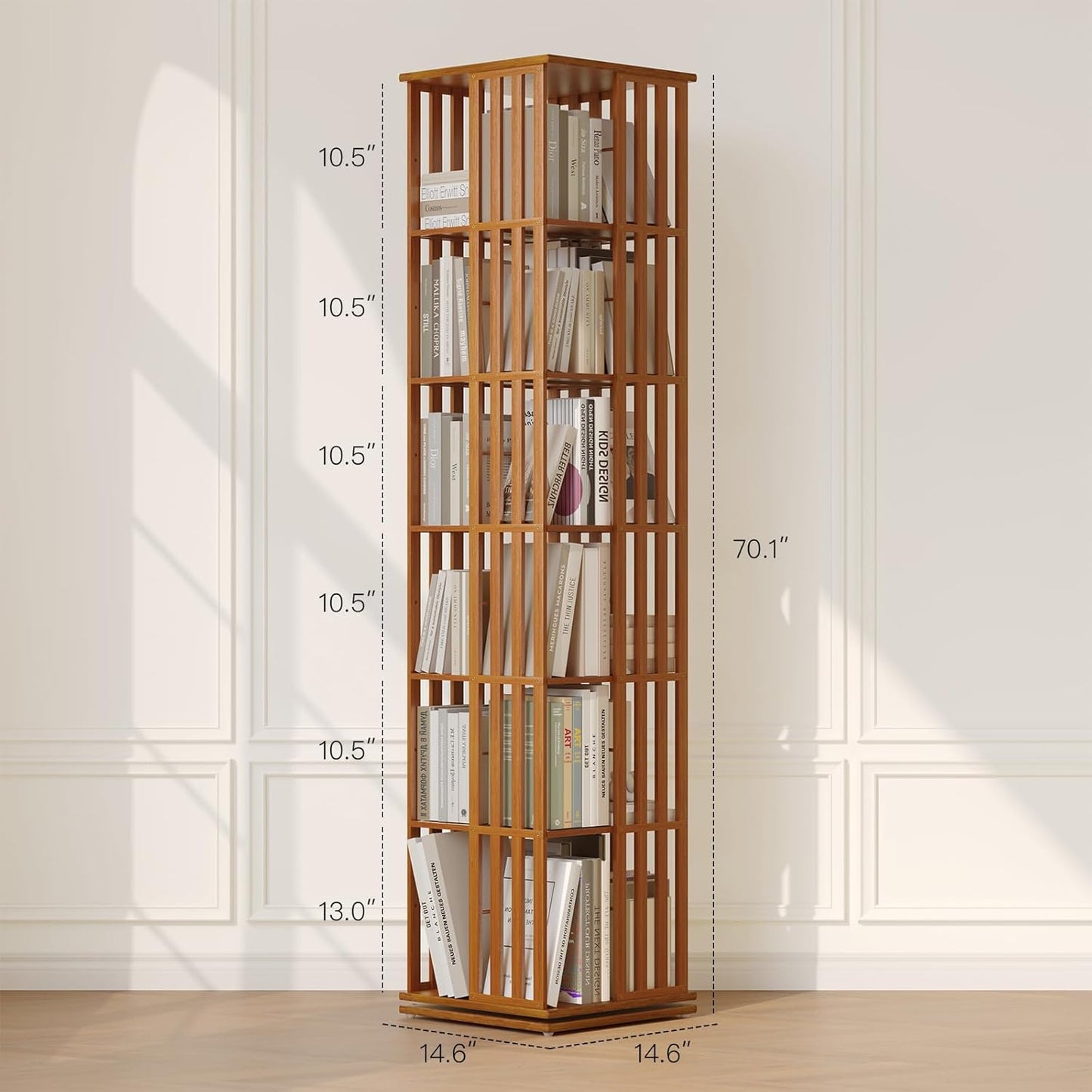 YOWOS Rotating Bookshelf Tower, 360 Display Spinning Bookcase, Bamboo Bookshelf Floor Standing Storage Rack, Wood Narrow Book Shelf Organizer for Kids&Adults, Walnut 6 Tier