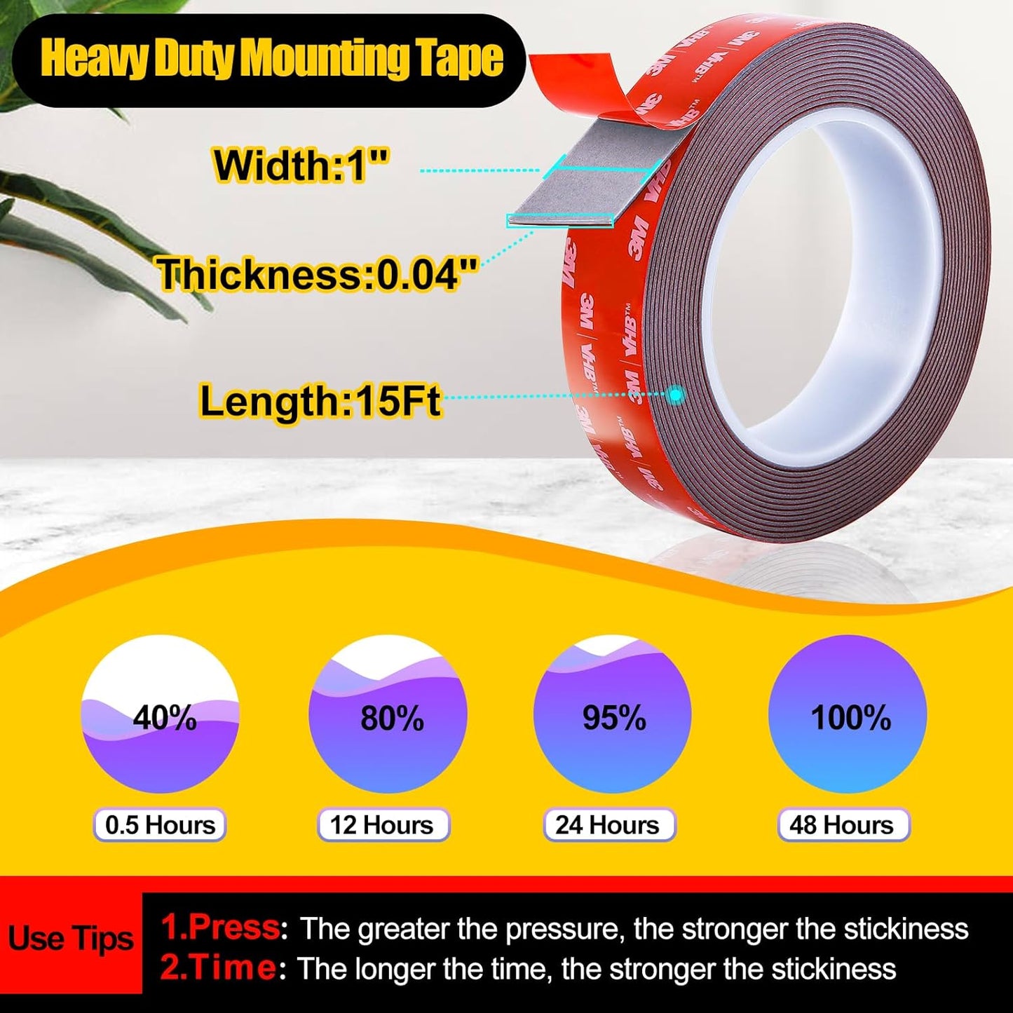 1" Width Double Sided Foam Tape, Made of 3M VHB, Waterproof Outdoor Automotive Decor Wall Tape, Heavy Duty Mounting Tape, Super Strong Adhesive Tape, 15Ft Length