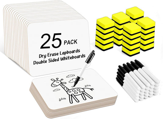 Dry Erase Lapboards, HERKKA 25 Pack Double Sided Dry Erase Lap Boards 9 x 12.5 Inch, 25 Markers, 25 Erasers, Small Dry Erase Boards for Students Classroom Teacher Supplies