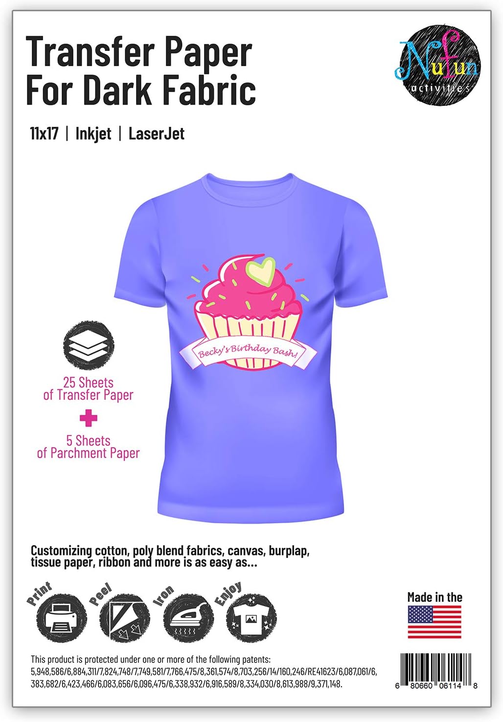 NuFun Activities Inkjet Printable Iron-On Heat Tshirt Transfer Paper 11x17 (25, Dark Fabrics)