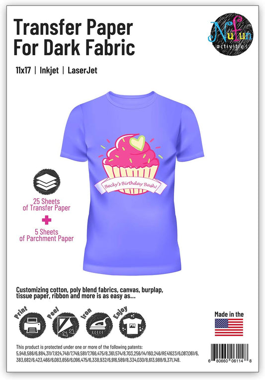 NuFun Activities Inkjet Printable Iron-On Heat Tshirt Transfer Paper 11x17 (25, Dark Fabrics)