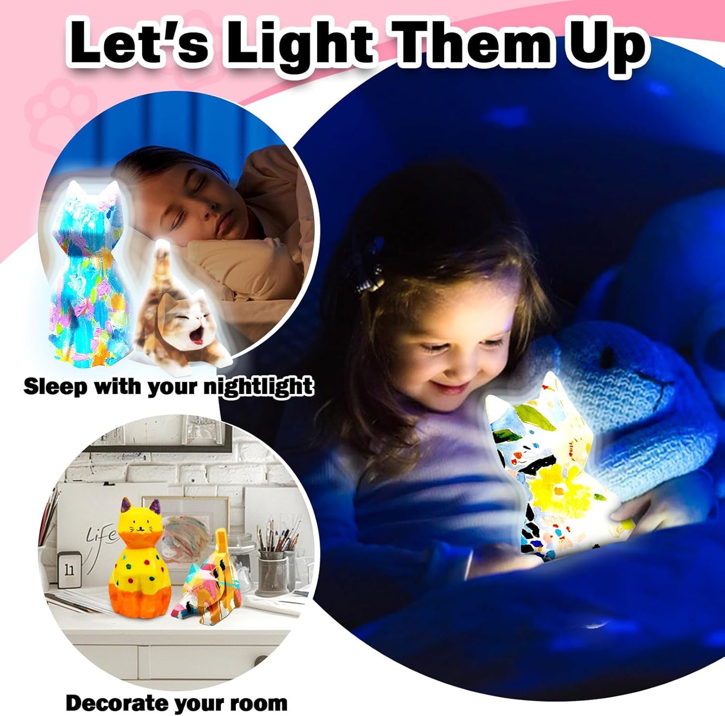 FUNZBO 2pcs Paint Your Own Cat Lamp Kit - Halloweens Arts and Crafts Supplies Kitten Painting Kits for Kid Teen, DIY Night Light Toy for Toddlers Girl Boy Age 3 4 5 6 7 8 9 10 11 12 13 + Birthday Gift