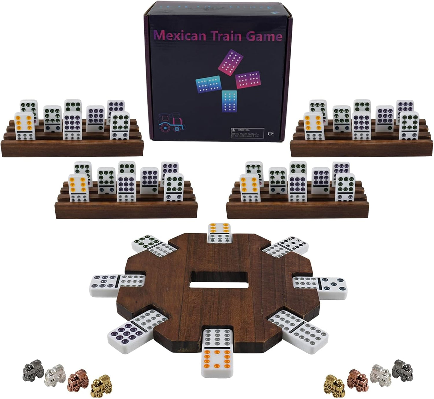 Mexican Train Dominoes Set with Wooden Hub, 91 Domino Tile Board Games Includes Metal Train Markers Color Dot Double Twelve Set with 4 Woodentile Rack for Family Game Night(Burnt Color)