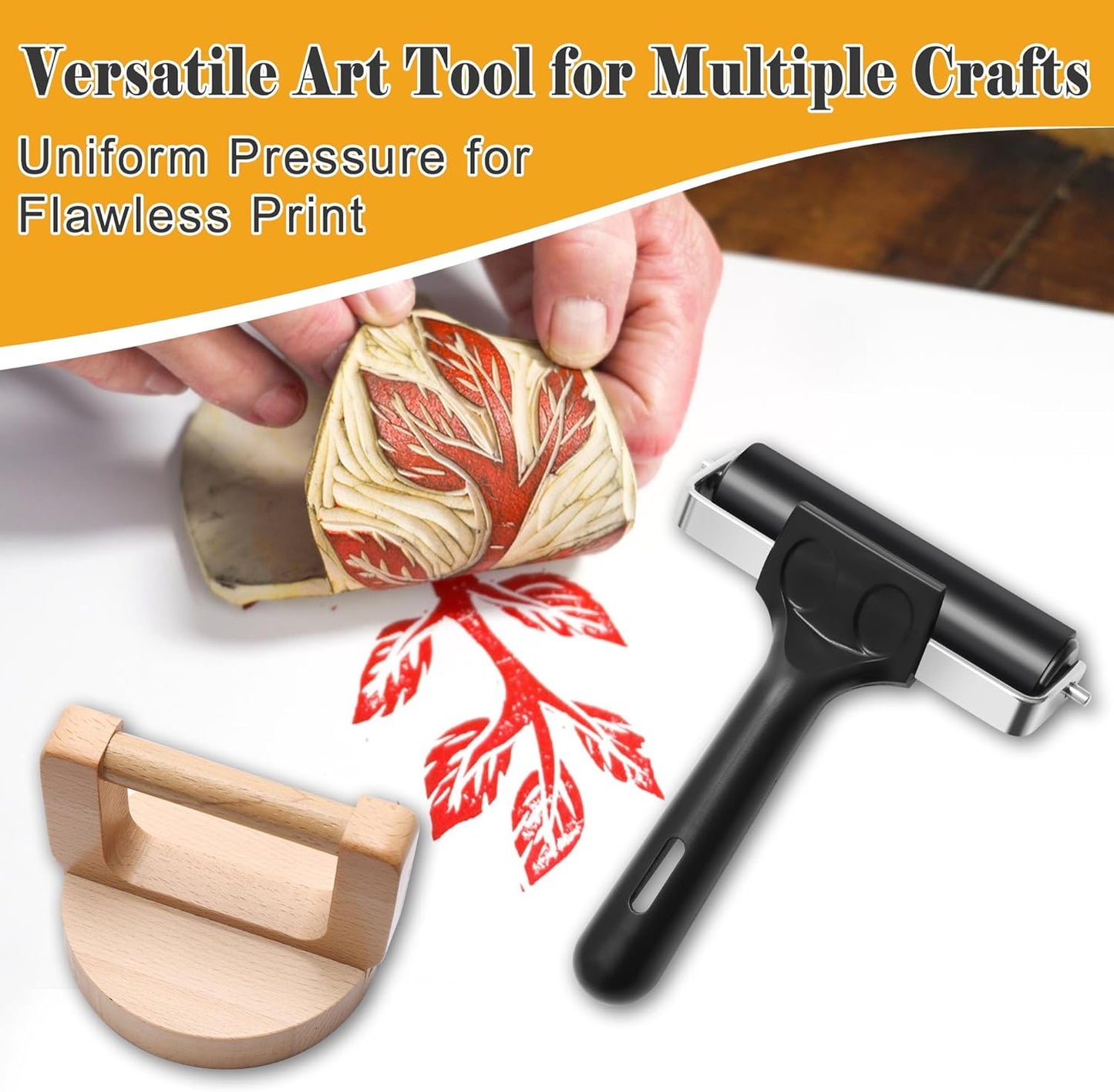 Coitak 1+1 Pcs Wooden Block Printing Baren with Rubber Brayer Roller, Block Printing Press Kit for Crafting, Printing, Inking, Stamping, Linocut