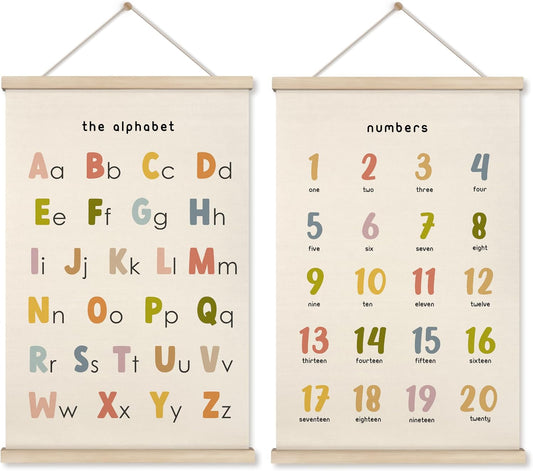 HRQKO Boho Alphabet Numbers Poster Hanger Frame Set of 2, Classroom Wall Decor, Abc Poster Wall Art with Wooden Frames, Alphabet Banner Wall Hanging Decor for Toddler Playroom Nursery, 16x24 inch