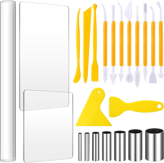 Honoson 24 Pcs Clay Sculpting Tools Kits Polymer Clay Tools DIY Set with Roller, Acrylic Sheet, Scraper Backing Board, Round Circle Shape Cutter, Shaping for Art Craft(Yellow)