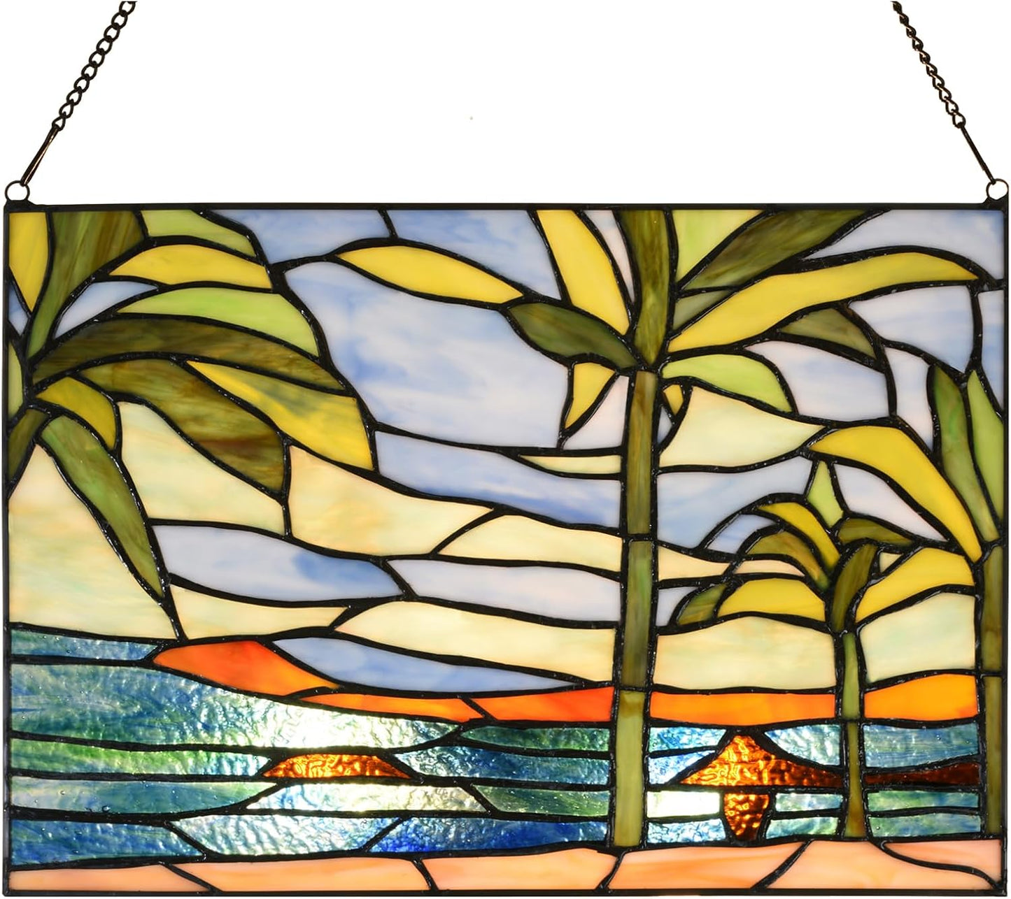 PA0006 Stained Glass Window Panel-14 Wx9.5 H Window Suncatcher Tiffany Style Ornament,Tropical Palm Trees Home Hanging Decorations