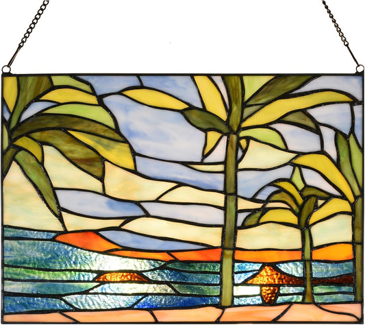 PA0006 Stained Glass Window Panel-14 Wx9.5 H Window Suncatcher Tiffany Style Ornament,Tropical Palm Trees Home Hanging Decorations