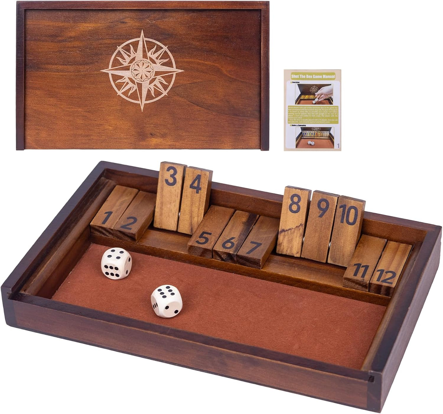 Shut The Box Game with 12 Pcs Wooden Numbers，Wooden Board Table Math Game