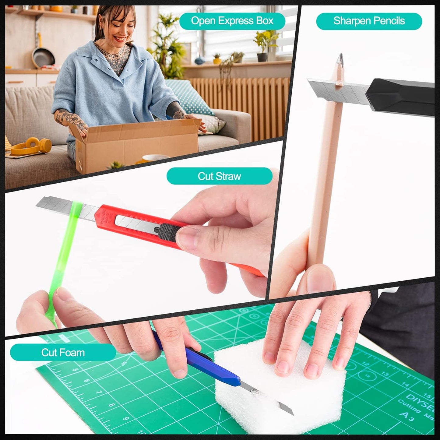 24 Pack Box Cutters, 9mm Razor Knife, Push-Sliding Button, Box Cutter Retractable, Break-off Utility Knife, Box Opener Tool for Office, Home, School, Art DIY