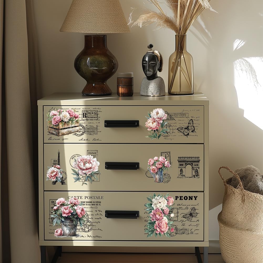 GLOBLELAND 3 Sheets Vintage Pink Peony Background Furniture Transfer 6x12inch Retro Romance Text Rub on Transfer Self-Adhesive Wall Art Decals for Bedroom Living Room Desk Table Decoration