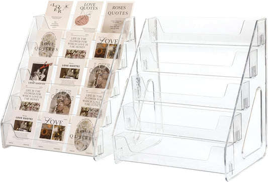 Card Display Stand set of 2, Clear 5-Tiered Shelf For Greeting Card, Stickers, Postcard, Sports Graded Card, Football Baseball Basketball Cards, Table Top Holder Display Rack For Psa Slabs (2 Pack)