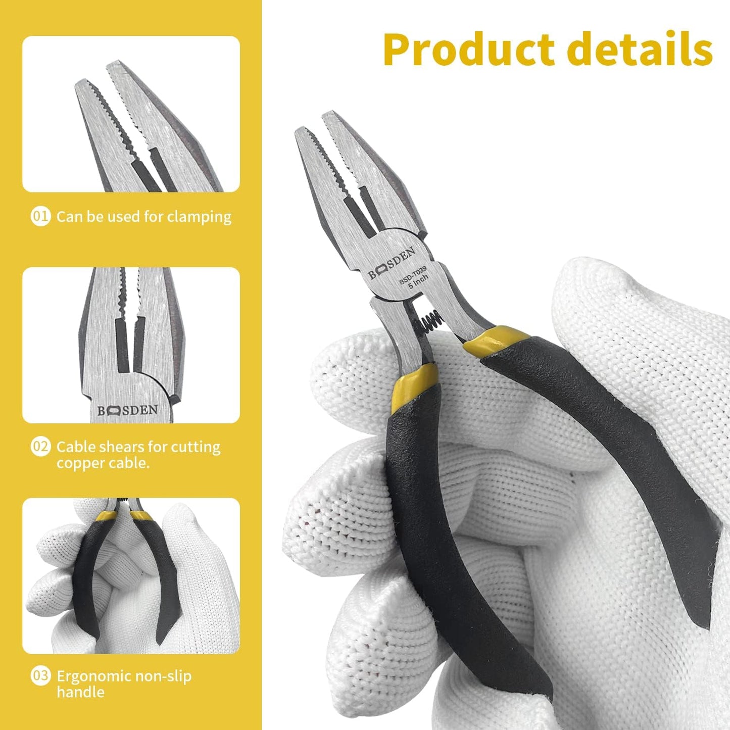 BOOSDEN Mini Lineman's Pliers, 5 Pack, 5 Inch High Leverage Cutting Pliers, Side Cutter for Electrician Work or Jewelry Making