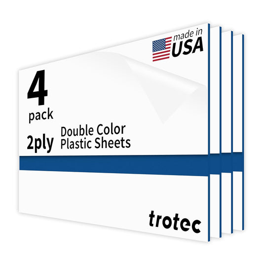 Trotec TroLase | 12"x20"x1/16", 4 Pcs | White/Blue | 2 Ply | Modified Acrylic | Laser Engraving Double Color Plastic Sheet | Engraving Blanks for Laser, Saw, Guillotine | Made in USA