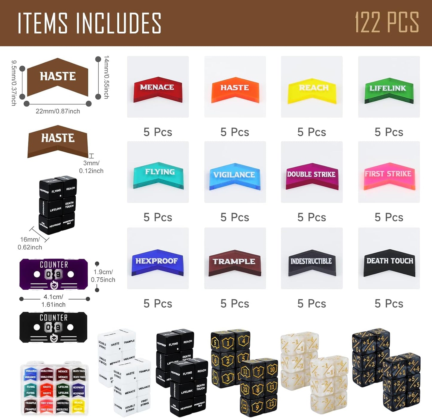 122PCS MTG Keyword Tokens & Dice & Life Counter Set for MTG Accessories, Health Tracker Life Counter Bulk Ability MTG Dice Set, Compatible with TCG CCG Magic Card Gaming Accessories