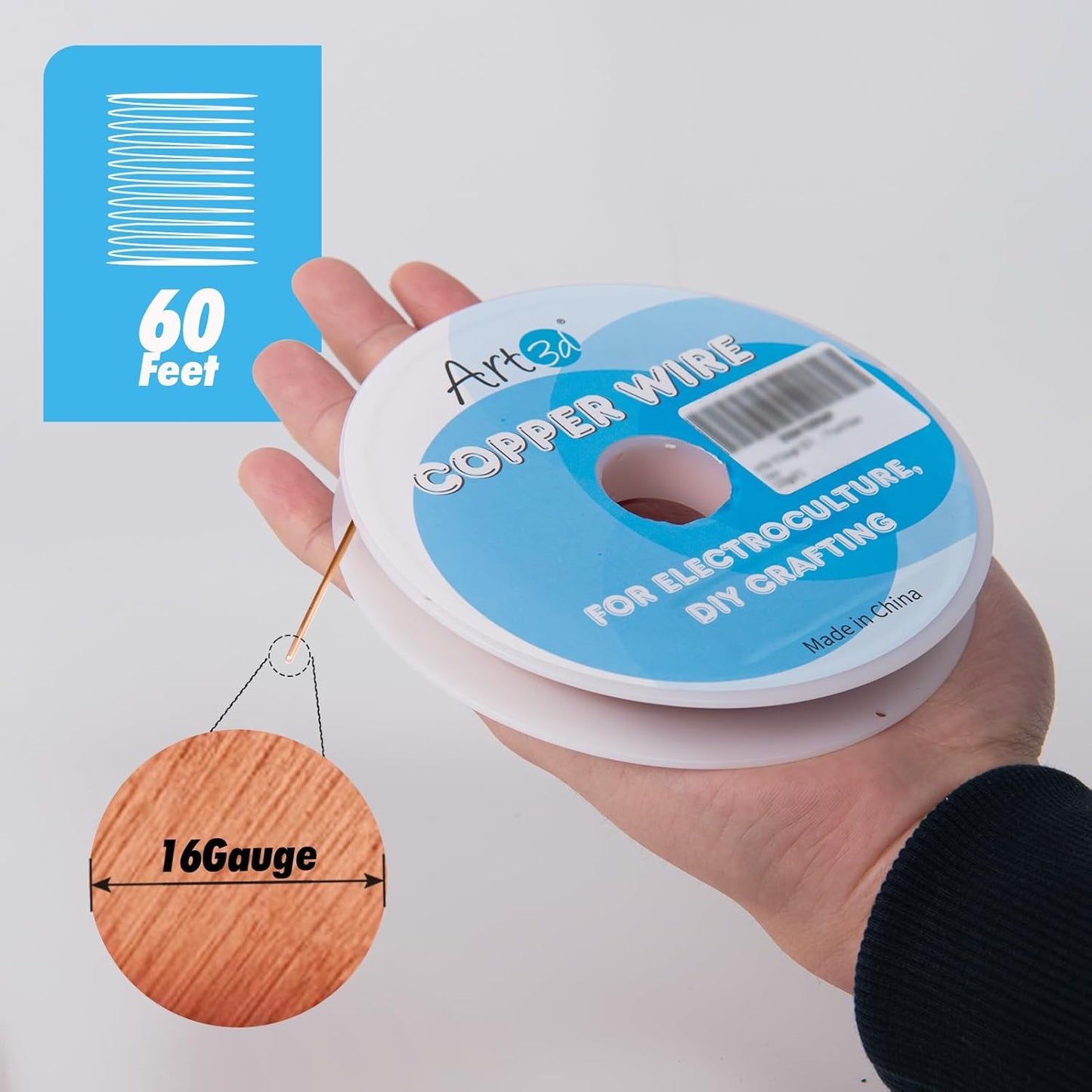 Art3d 16 Gauge 60 FT 99.9% Pure Soft Copper Wire for Electroculture Gardening, Jewelry Making, Beading, Science Projects, DIY Artwork, 1 Roll