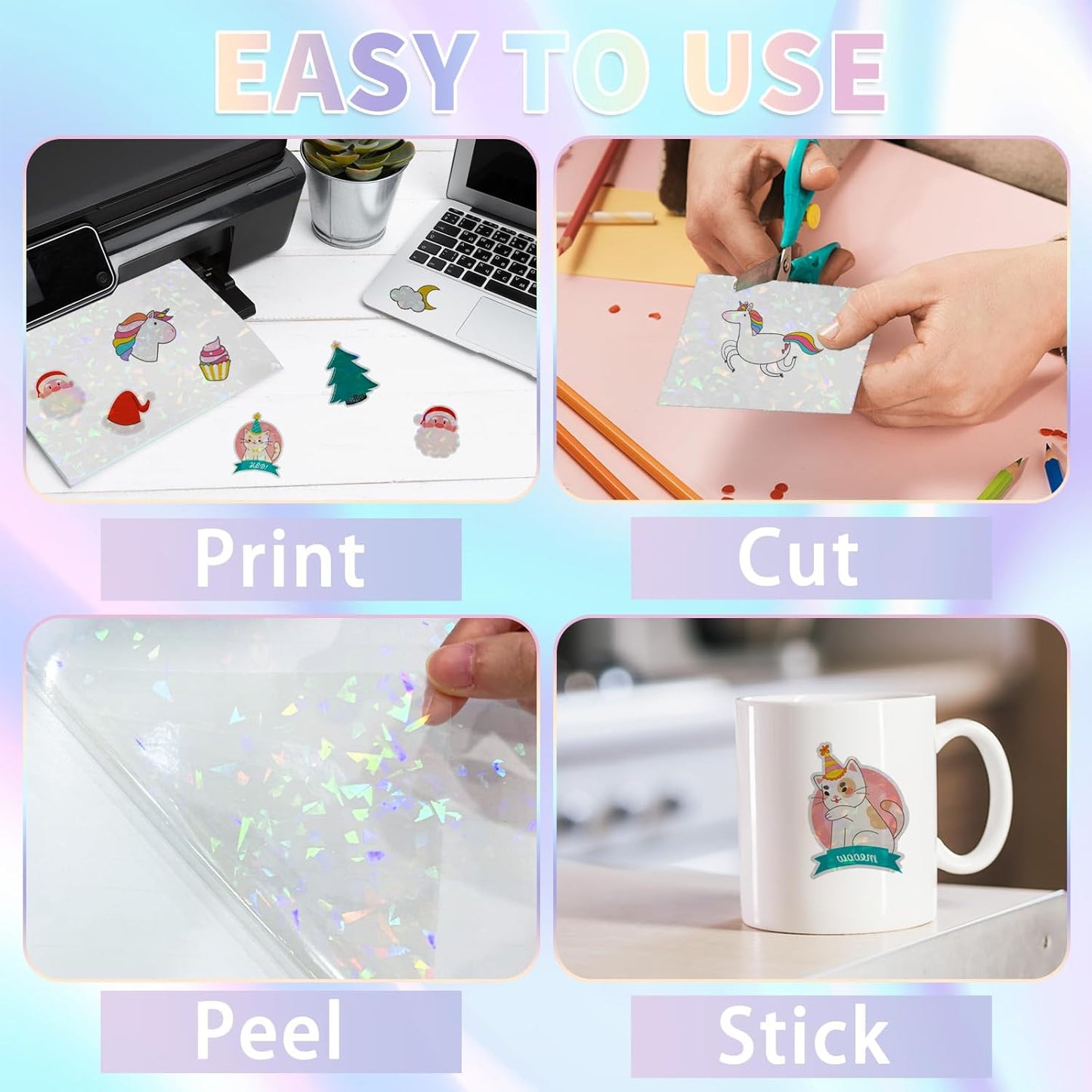 20 Sheets Holographic Sticker Paper,8.5x11 Inch Clear Printable Vinyl Sticker Papers,Self-Adhesive Waterproof for Inkjet/Laser Printer（Clear Glass）