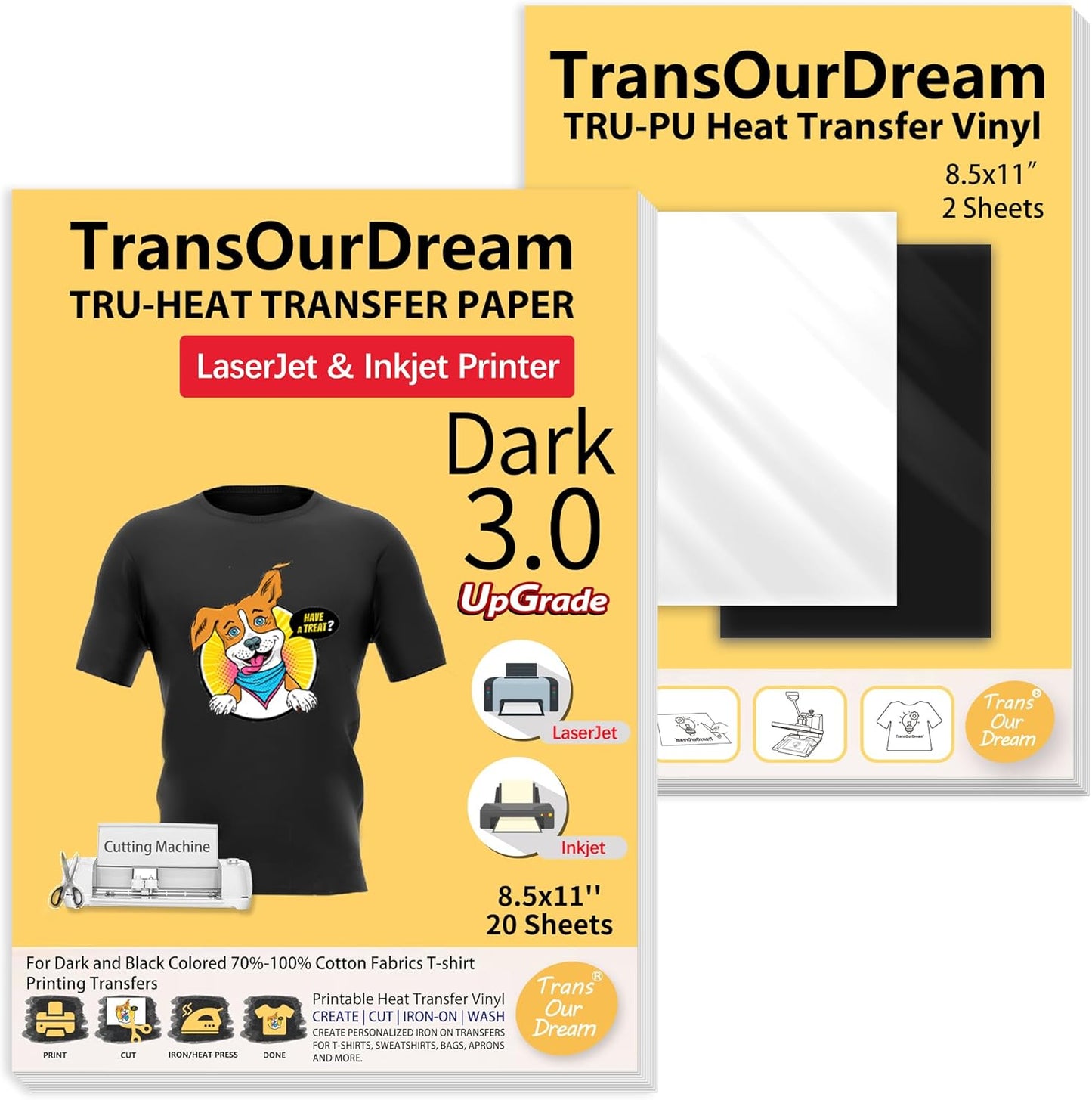 TransOurDream Iron on Heat Transfer Paper for Dark Fabric (20+2 Sheets, 8.5x11") Printable Iron on Transfers for Inkjet Printer & Laserjet Printer, Heat Transfer Vinyl for T Shirts (D3-BW-22)