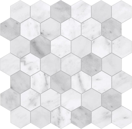 The Tiles Plaza 10-Sheet Peel and Stick Backsplash, Carrara White Hexagon Stone Composite Marble Looks Self Adhesive Wall Tile, Stick On Tiles for Kitchen Bathroom Shower, Cover 9 Sq Ft.