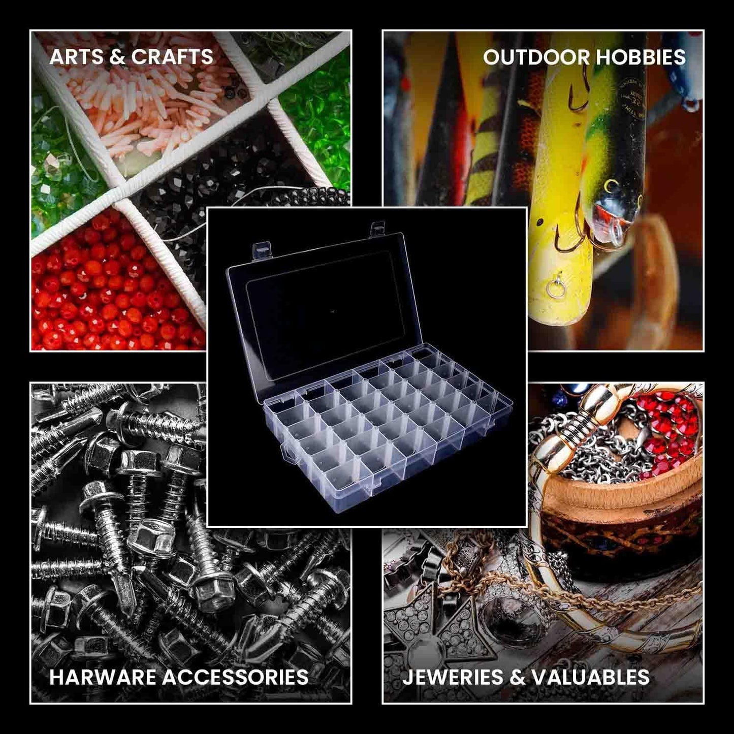 8pack 36 Grids Plastic Clear Organizer Box bead Storage Containers with Adjustable Dividers for Craft Jewelry Fishing Tackles Parts Storage with 8 Sheets Label Stickers