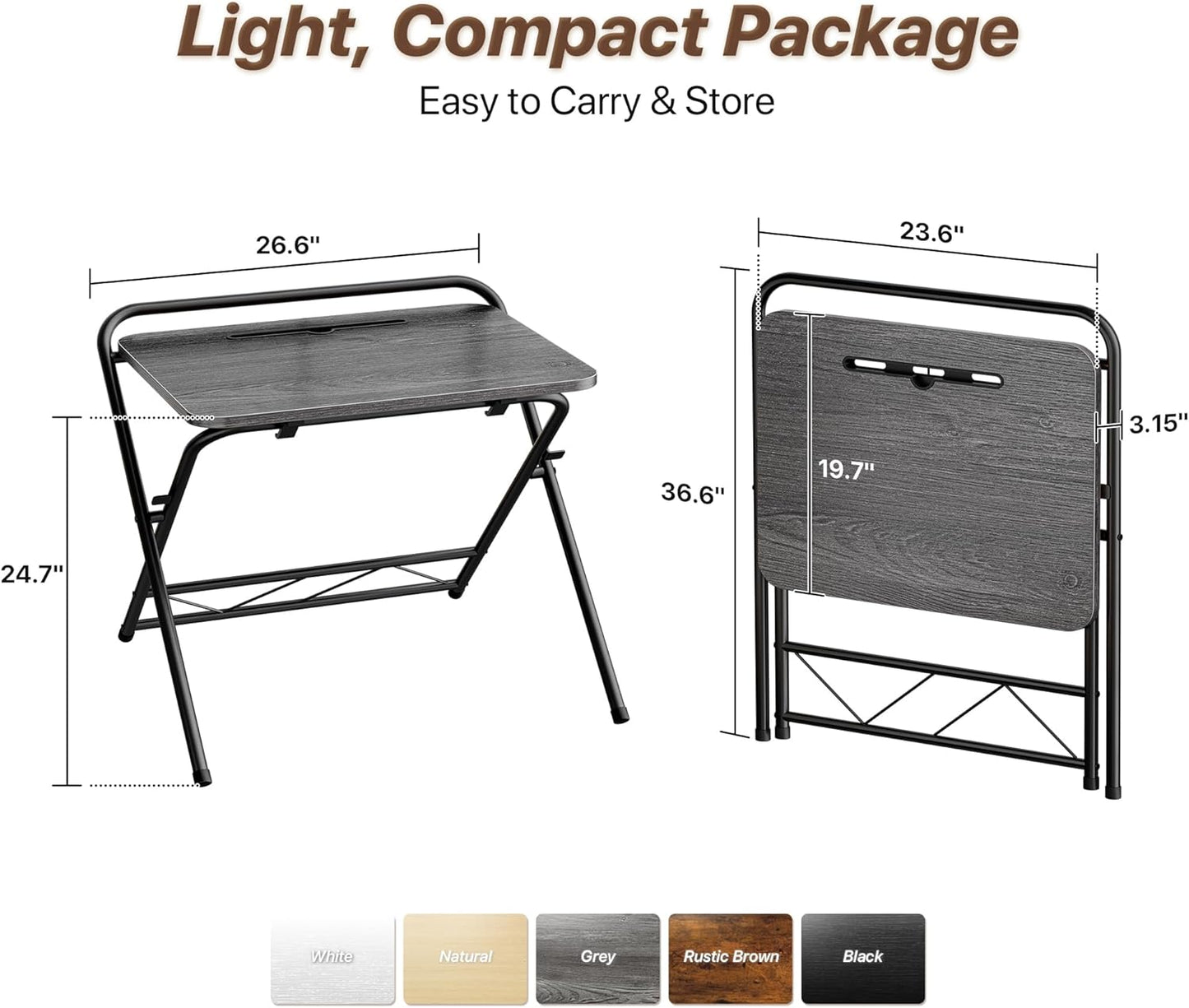 Huuger Folding Desk with 3-Level Adjustable Height and Tablet Slot, 24 Inch Foldable Computer Desk for Small Spaces, Space Saving, Writing Work Table for Home Office, Bedroom, Study, Grey