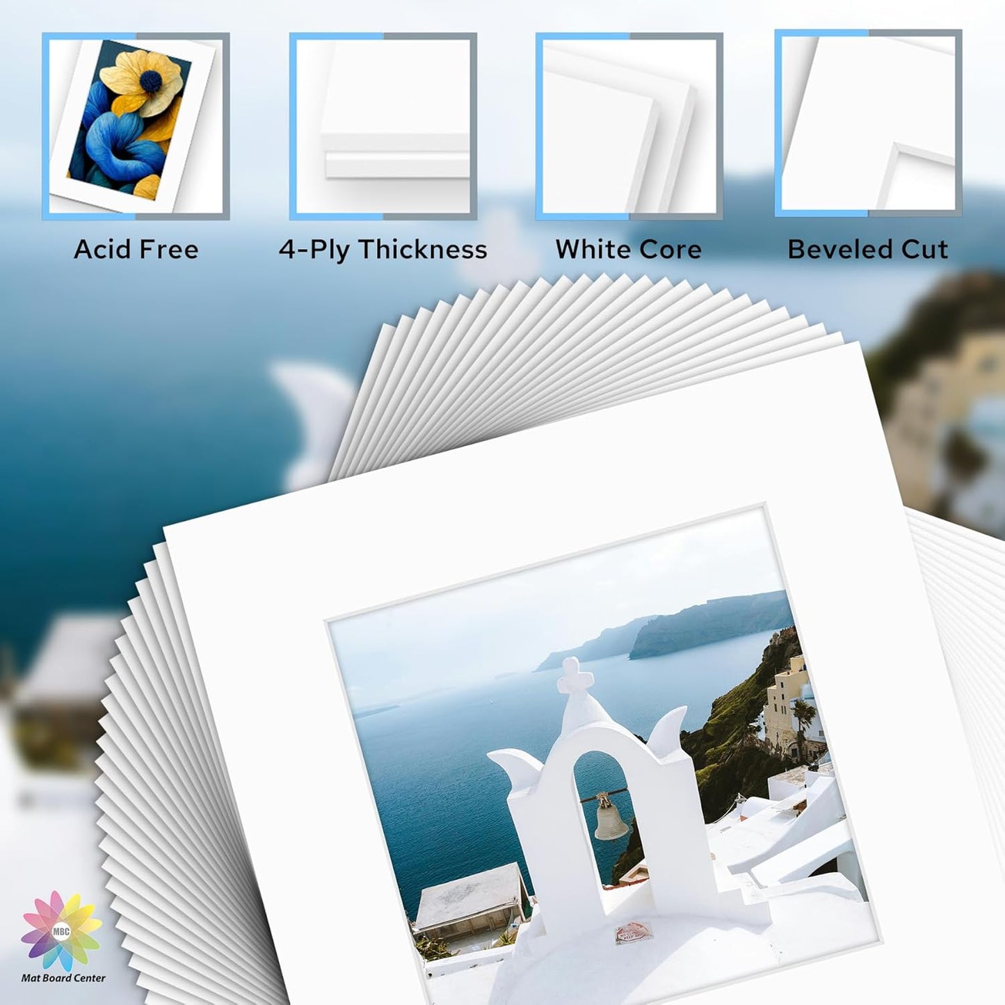Mat Board Center, Pack of 25, 12x12 for 8x8 White Mat Kit - Acid Free, 4-ply Thickness, White Core - Includes Backing Boards and Clear Bags - for Pictures, Photos, Framing