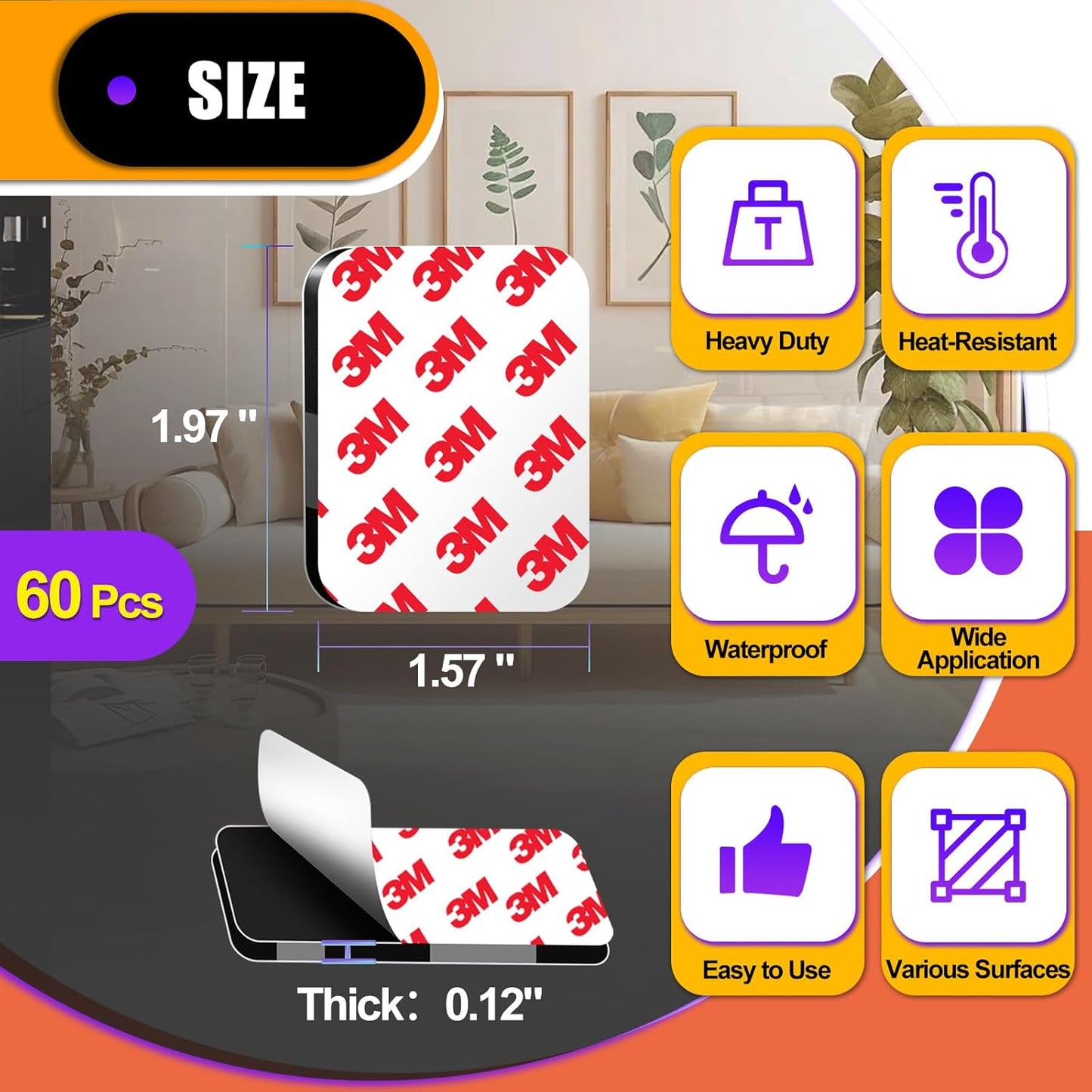 60 Pcs Strong Double Sided Adhesive Pads, Made of 3M, Heavy Duty Square Sticky Mounting Foam Tape for Car Décor Wall, 0.12" Thick Black Sticky Pads 1.57x 1.97