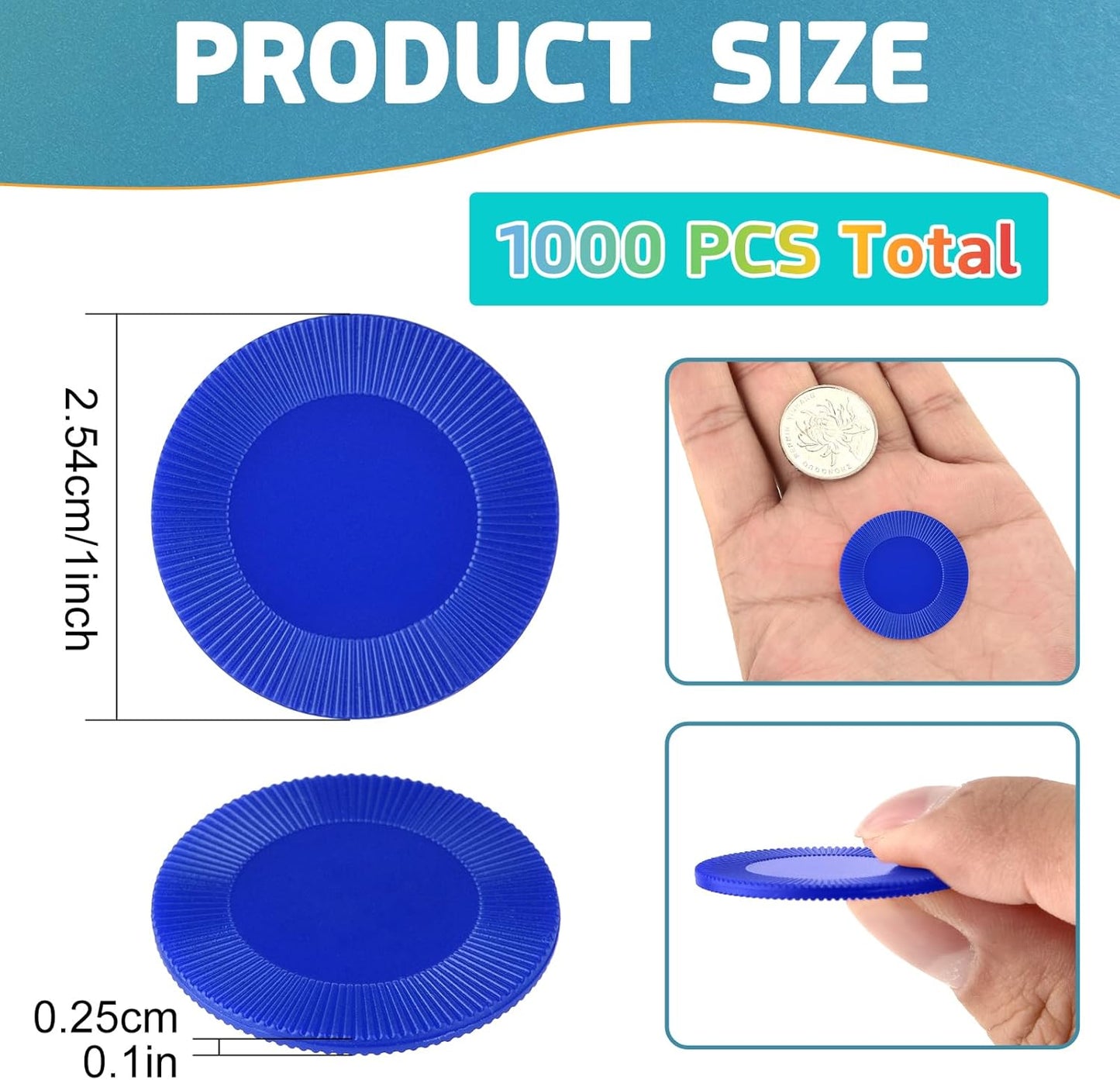 Coopay 1000 Pieces Plastic Poker Chips, Bingo Chips Bulk Learning Counters Disks Poker Card Game, Counting Markers for Math Practice, Game Tokens and Teaching Rewards, 25 mm/ 1 Inch (Blue)