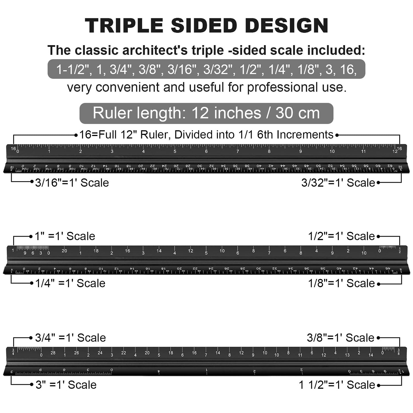 Architectural Scale Ruler, 12 Inch Aluminium Architect Scale Ruler, Imperial Metal Engineers Triangular Ruler for Architects, Students and Draftsmen, Laser Etched Markings