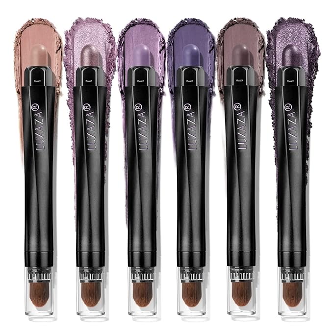 Neutral Eyeshadow Stick Makeup 6PCS Set, Purple Metallic Shimmer Matte Cream Eye Shadow Eyeliner Brightener Pencil Crayon - BLUEBERRY