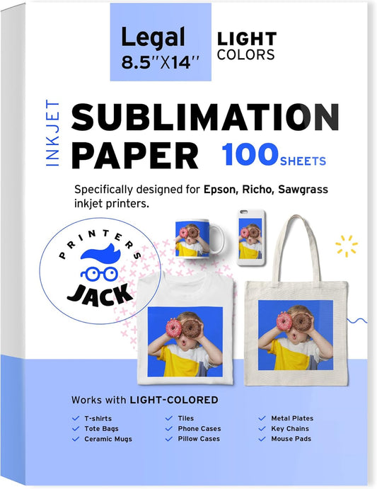 Printers Jack Sublimation Paper 8.5x14 inches, 100 Sheets 120gsm for Any Epson Sawgrass Inkjet Printer with Sublimation Ink, Heat Transfer Sublimation Paper for T-shirt, Mugs, Light Fabric