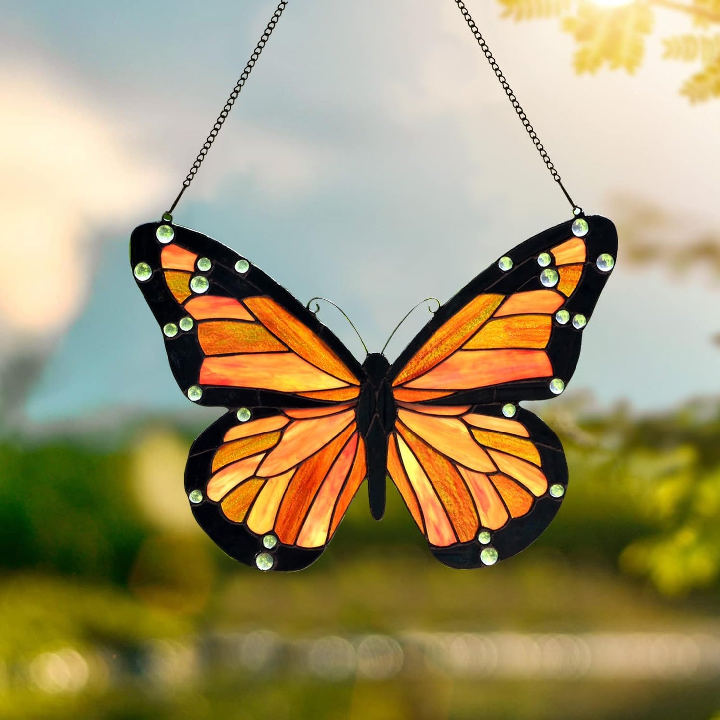 PA0007 Butterfly Stained Glass Hanging Panel 17" Wx12.75 H,Handmade Suncatcher Tiffany Style Window Ornament Home Hanging Decorations