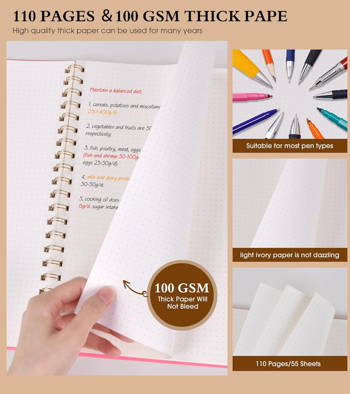 Dotted Notebook, Spiral Notebook Journal 8.5” x 11”, A4 Large Dot Grid Notebooks for Women Men, 100 GSM Dotted Paper, Plastic Hardcover Spiral Bullet Journals for Work School Sketching, Pink