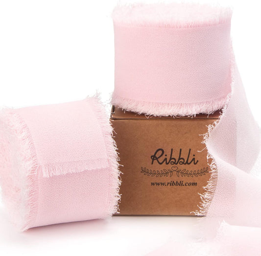 Ribbli Pale Blush Pink Chiffon Ribbon 1-1/2 inch x 20 Yard Handmade Fringe Chiffon Silk Ribbon, Pale Blush Ribbon for Wrapping, Wedding Invitations, Bridal Bouquets, Home Decor