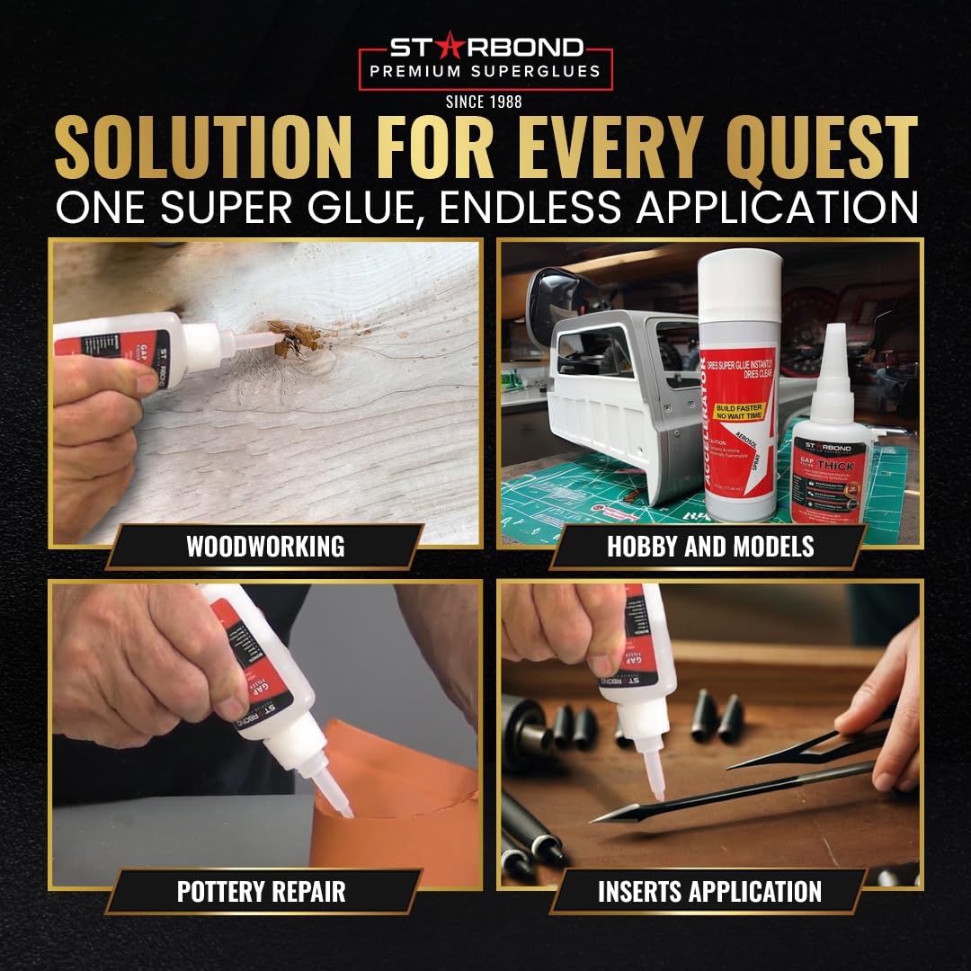 Starbond 2 oz Thick CA Glue with 6 oz Aerosol Activator Bundle Premium Cyanoacrylate Super Glue for Mitre Joint Bonding, Woodworking, Carpentry, Archery Fletching